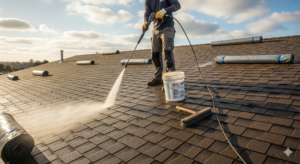 Osoba myjąca dach przed malowaniem